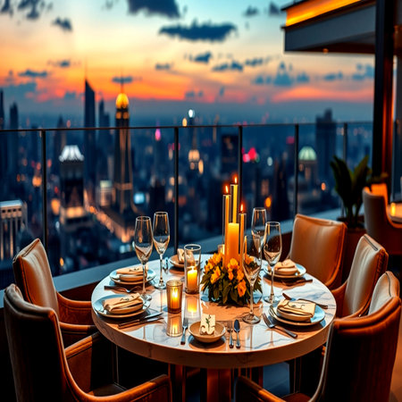 Luxury table setting in a restaurant with a view of the city