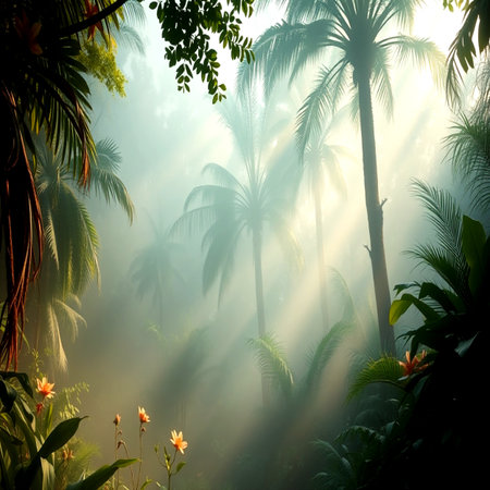 Tropical forest with sun rays and mist. Nature background.の写真素材