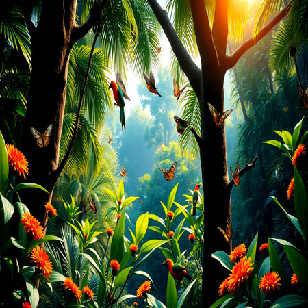 Tropical garden with flowers and butterflies at sunset. Nature backgroundの写真素材