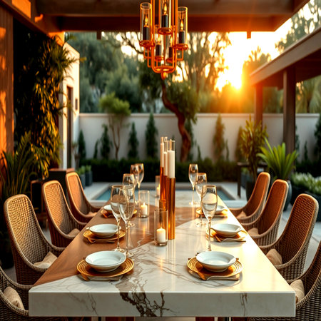 Table setting in a restaurant at sunset. Luxury interior design.の写真素材