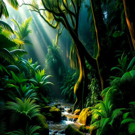Tropical rainforest with a stream and sunbeams.
