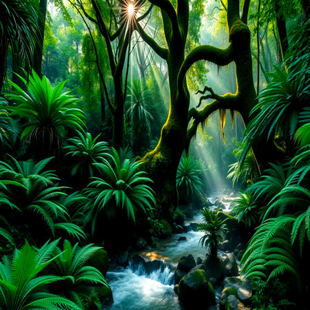 Beautiful tropical rainforest with stream and sunbeams. Nature background