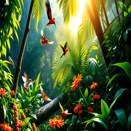 Beautiful tropical landscape with flying parrots and flowers. Nature backgroundの写真素材