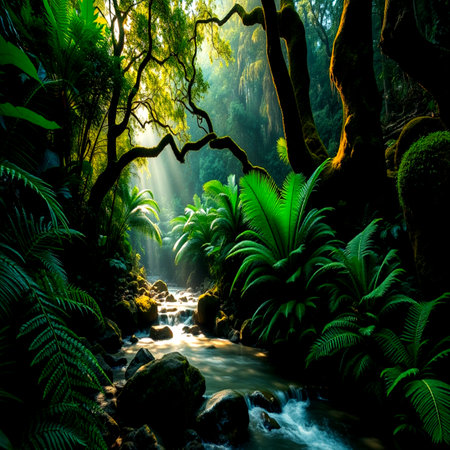 Tropical rainforest with stream and green ferns at sunset.