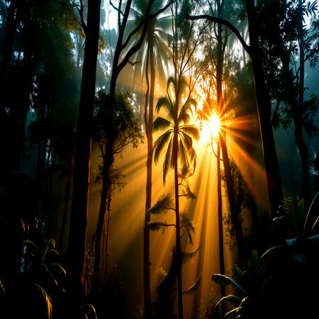 Beautiful sunrise in the tropical forest with rays of light shining through the treesの写真素材