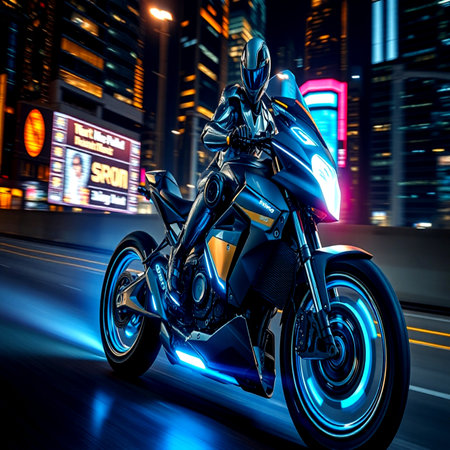 biker riding on motorbike in night city.の写真素材