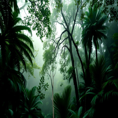 Tropical rainforest in the morning mist. Nature background.