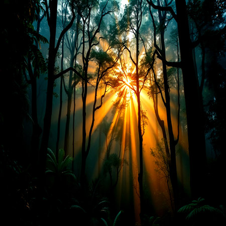 Sunset in the forest, with rays of light passing through the treesの写真素材