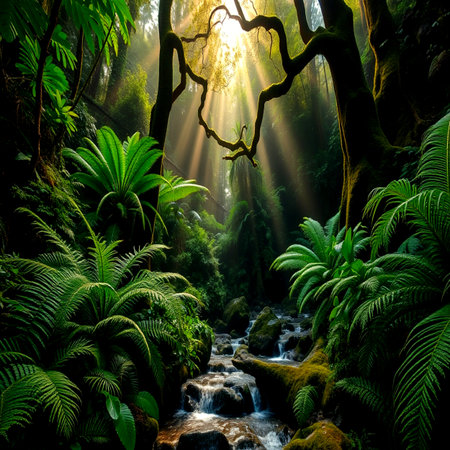 Tropical rainforest with sun rays through the branches of trees