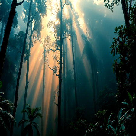 Sunlight in the misty forest at Doi Inthanon National Park, Chiang Mai, Thailandの写真素材