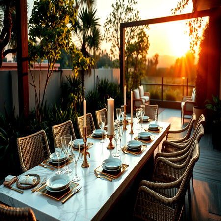 Table set for dinner in the garden at sunset.の写真素材
