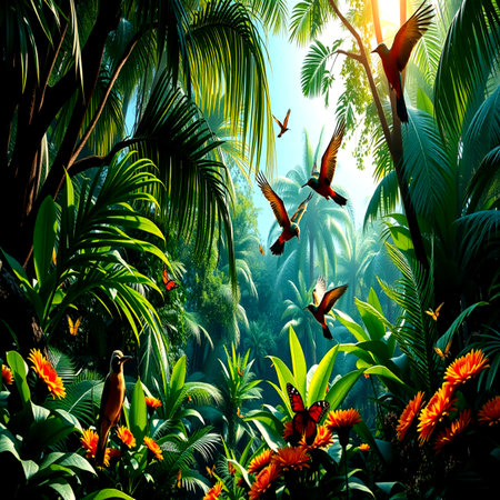 Beautiful tropical jungle with palm trees and parrots. Nature background