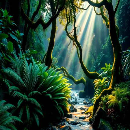 Beautiful tropical rainforest with sunlight rays shining through the trees.