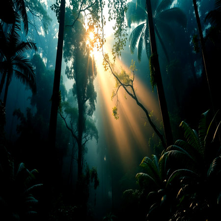 Beautiful sunrise in the jungle. Tropical forest with sun rays.の写真素材