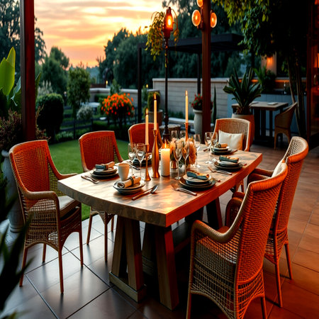 Luxury table setting in the garden at sunset. Romantic dinnerの写真素材