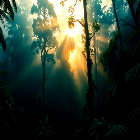 Tropical rainforest with sun rays and fog. Nature background