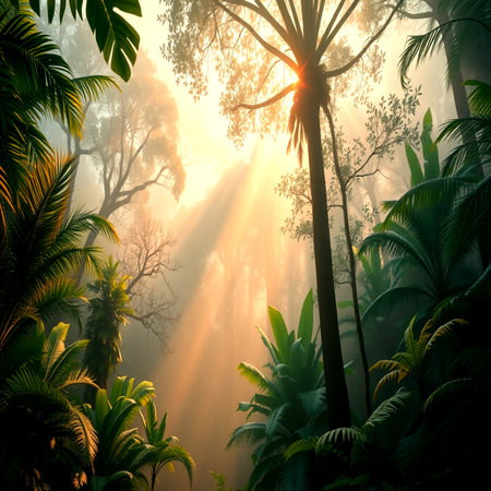 Tropical forest with sunbeams and fog. Nature background