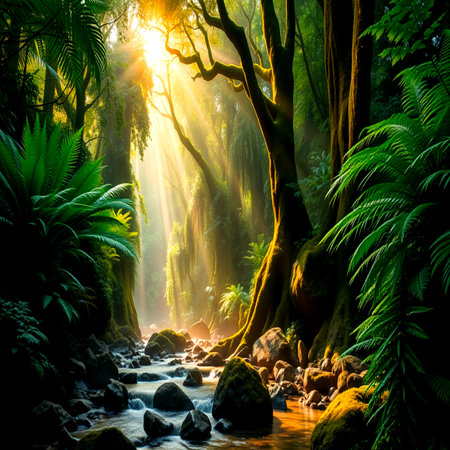 Beautiful tropical rainforest with river and sunlight. Nature background.の写真素材