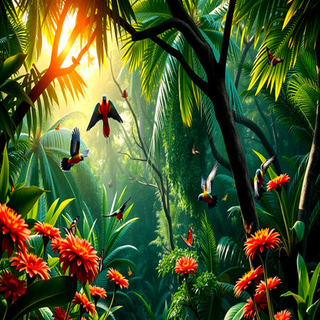 Tropical jungle with exotic birds and flowers. Nature background.の写真素材