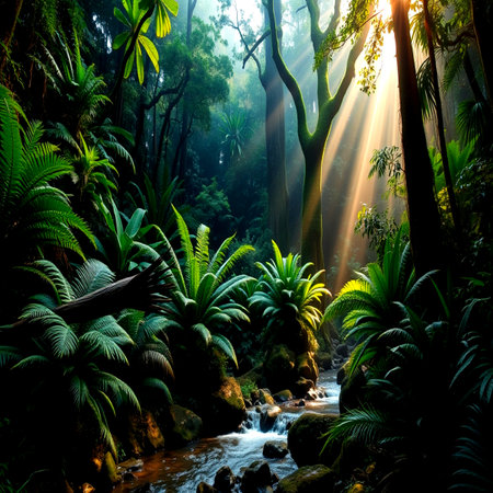 Beautiful tropical rainforest with small waterfall and sunbeams.