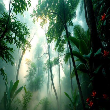 Tropical forest with fog and sunbeams. Nature backgroundの写真素材