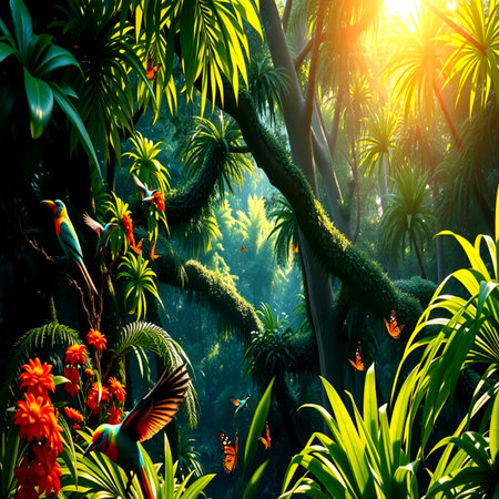 tropical jungle with parrots and butterflies. 3d illustration.の写真素材