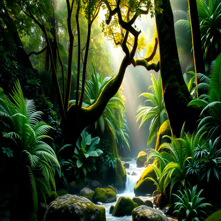 Tropical rainforest with a small waterfall in the middle.