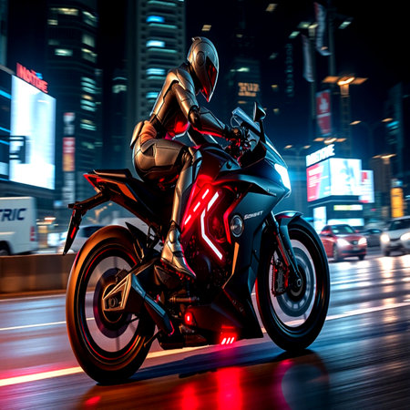 3D rendering of a person riding a motorcycle in the cityの写真素材