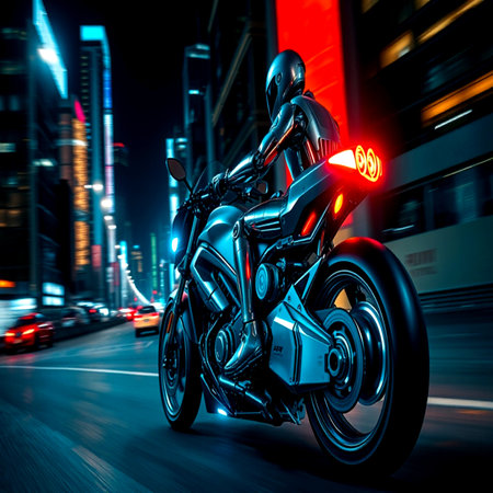 3d rendering of a robot riding a motorcycle in the city at nightの写真素材
