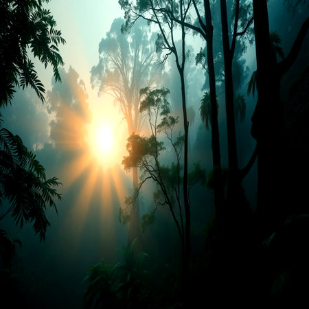 Sunset in the jungle with misty trees and foggy skyの写真素材