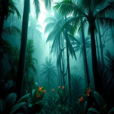 Tropical forest with fog and palm trees. 3d renderの写真素材