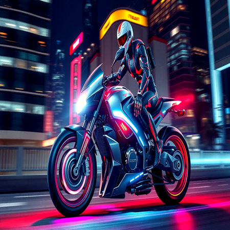 Cyborg riding a motorcycle in the city at night. 3d renderingの写真素材