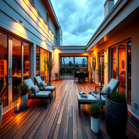 Beautiful terrace of modern house at night. 3d renderingの写真素材