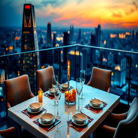 Luxury dinner table in Paris, France. Beautiful view of the city from the window.の写真素材
