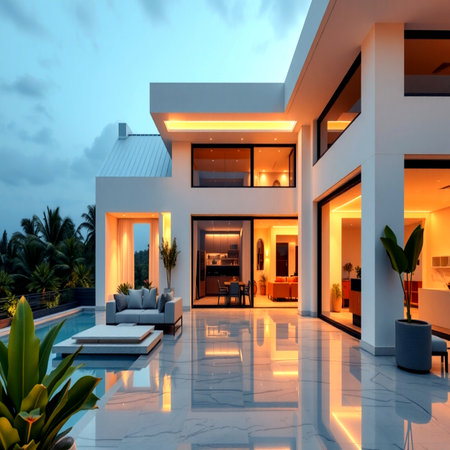 Luxury villa with swimming pool and garden at dusk. 3d renderingの写真素材