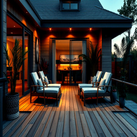 Beautiful terrace with wooden deck and chair. 3d renderingの写真素材
