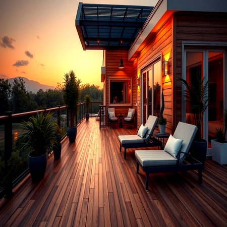 Wooden terrace of a modern house in the evening. 3D renderingの写真素材