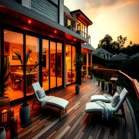 Sunset on a terrace of a modern house. 3d rendering