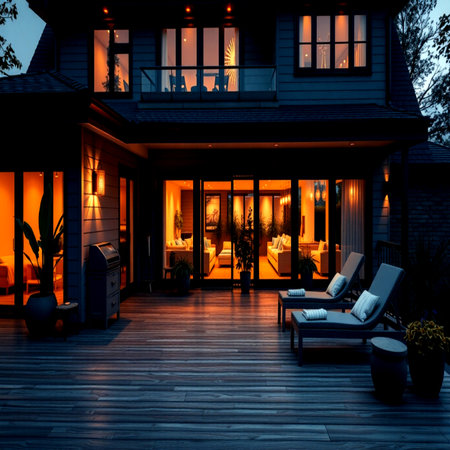 House exterior with terrace at night. 3D rendering image.の写真素材