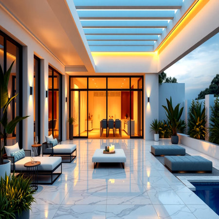 3d rendering of beautiful luxury house with garden and swimming pool.の写真素材