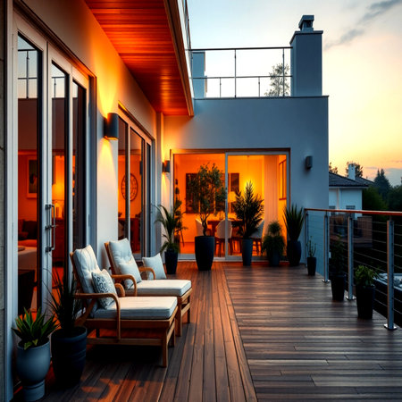 Modern house terrace with wooden deck and terrace at sunset. 3d renderingの写真素材