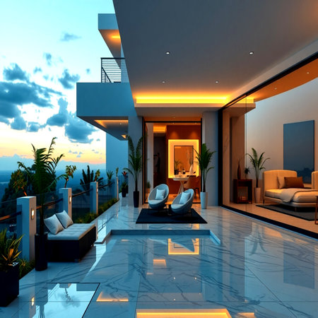 Modern villa with swimming pool and terrace. 3D renderingの写真素材