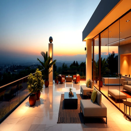Luxury villa with terrace overlooking the city at sunsetの写真素材
