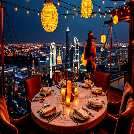 Luxury restaurant on the background of the night city. Evening in Paris, Franceの写真素材
