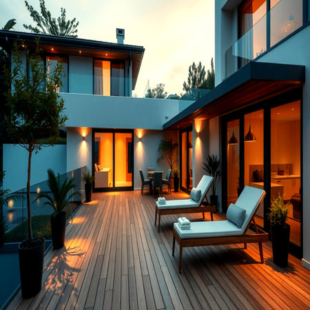 Luxury house terrace with swimming pool and outdoor deck.の写真素材