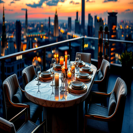 Table set for dinner in a restaurant with a view of the cityの写真素材