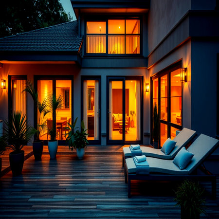 Beautiful luxury villa with swimming pool and terrace at night