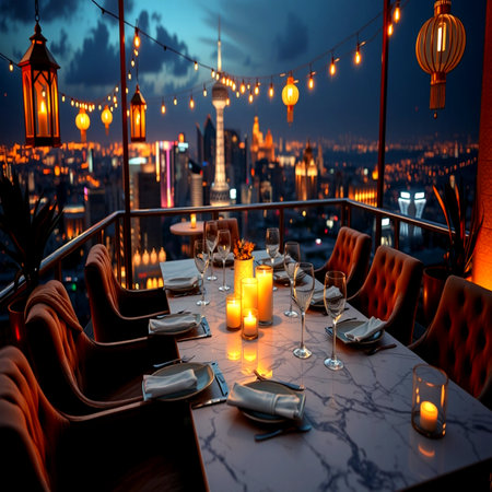 Luxury table setting in restaurant with beautiful view of the cityの写真素材