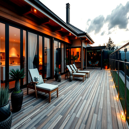 Modern house exterior with wooden deck and terrace. 3d renderingの写真素材