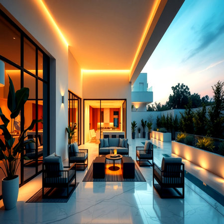 3d rendering of modern house terrace with swimming pool and sea viewの写真素材